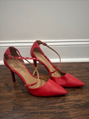Christian Siriano Red Pointed-Toe Studded Ankle-Strap Pumps